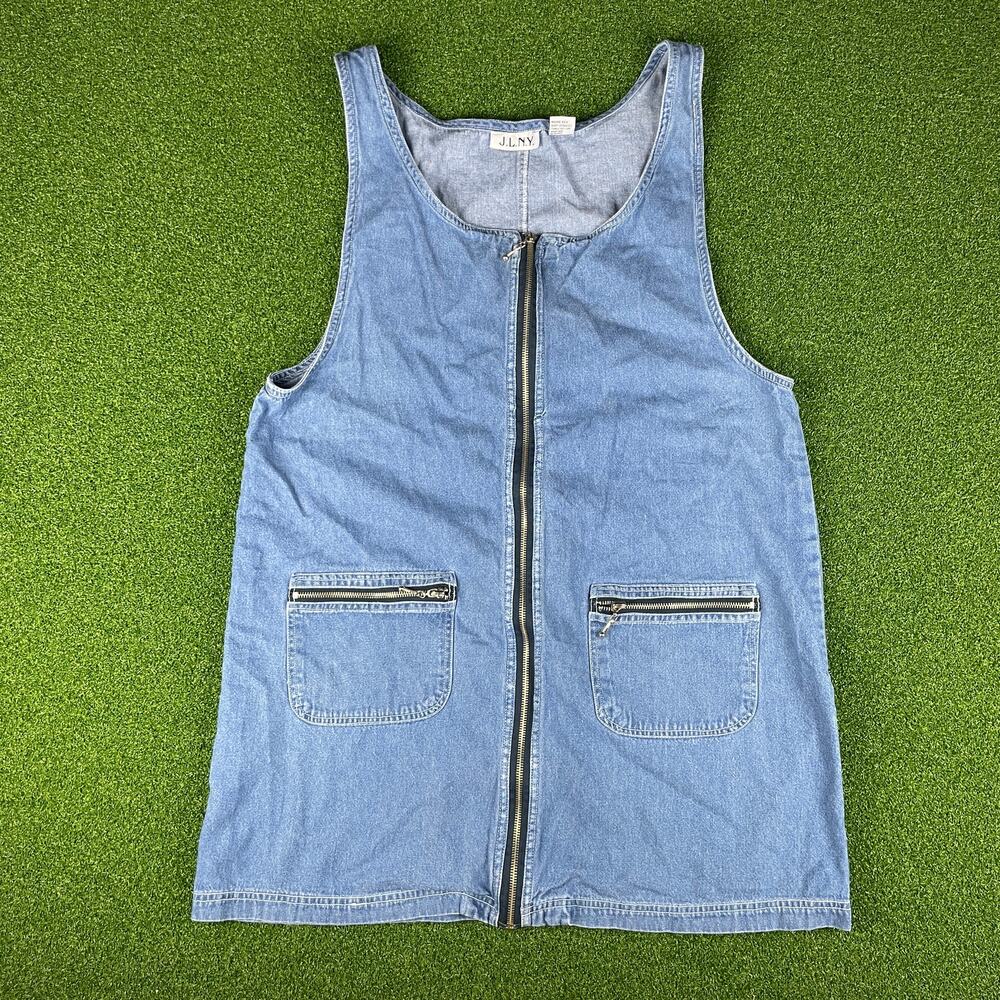 Vintage 80s 90s JLNY Blue Medium Wash Denim Full Zip Tank Mini Dress Sz XL